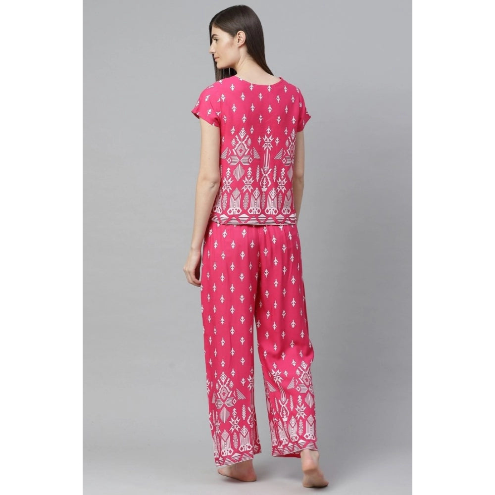 Amfyn Women's Casual Short Sleeve Printed Rayon Pajama Set (Pink)