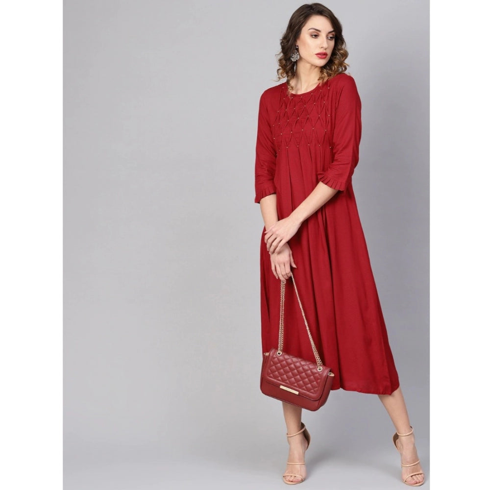 Amfyn Women's Casual 3/4 th Sleeve Solid Rayon Dobby Dress (Maroon)