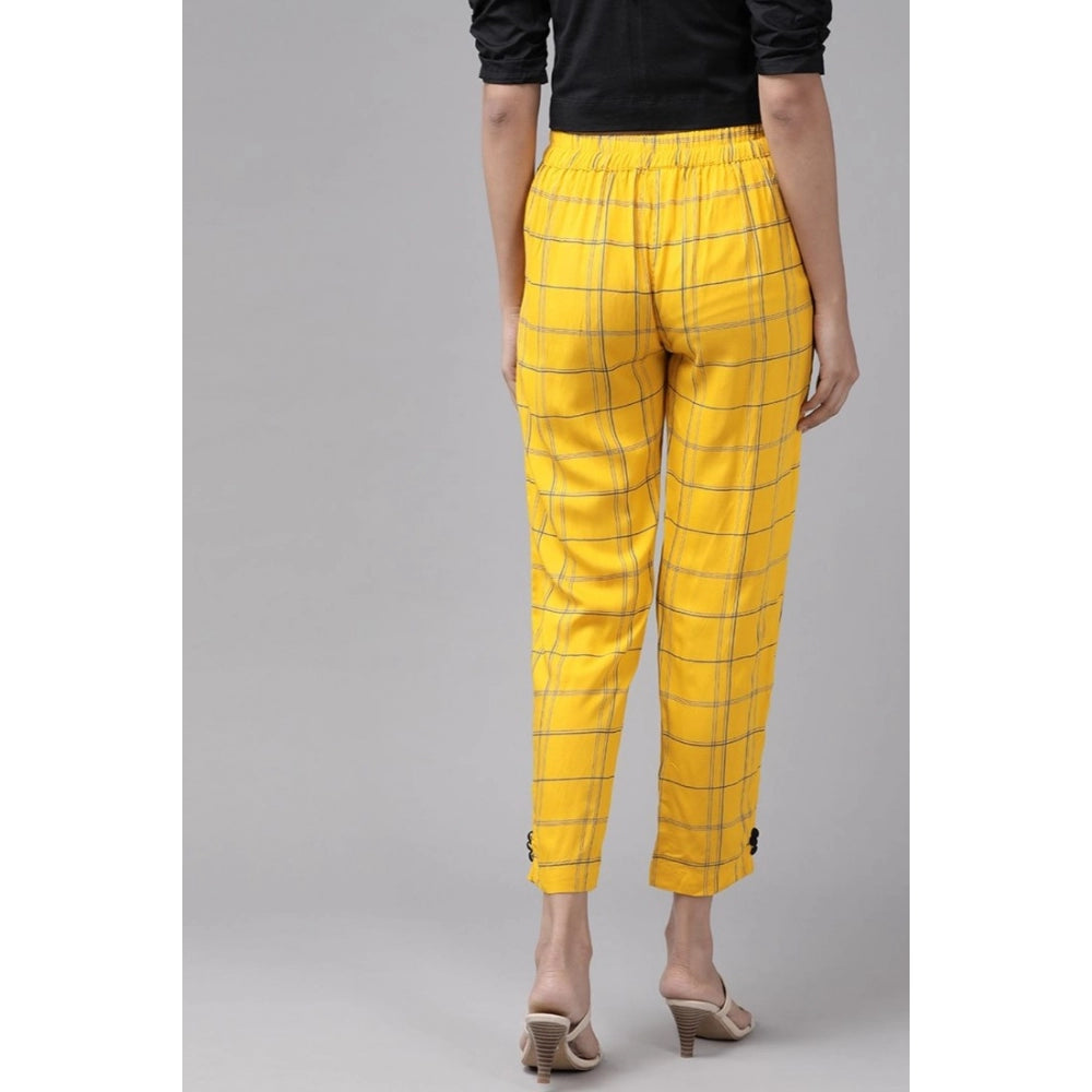 Fashion Women's Casual  Checkered Rayon Trouser Pant (Yellow)