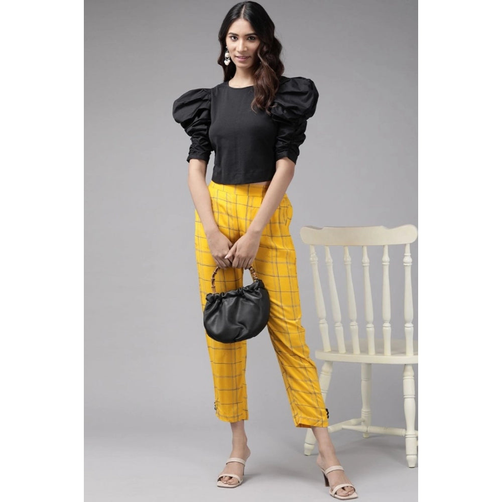 Fashion Women's Casual  Checkered Rayon Trouser Pant (Yellow)