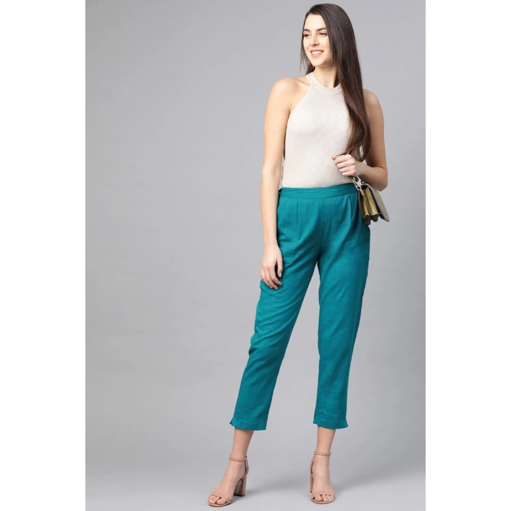 Amfyn Women's Casual Solid Cotton Slub Trouser Pant (Rama Blue)