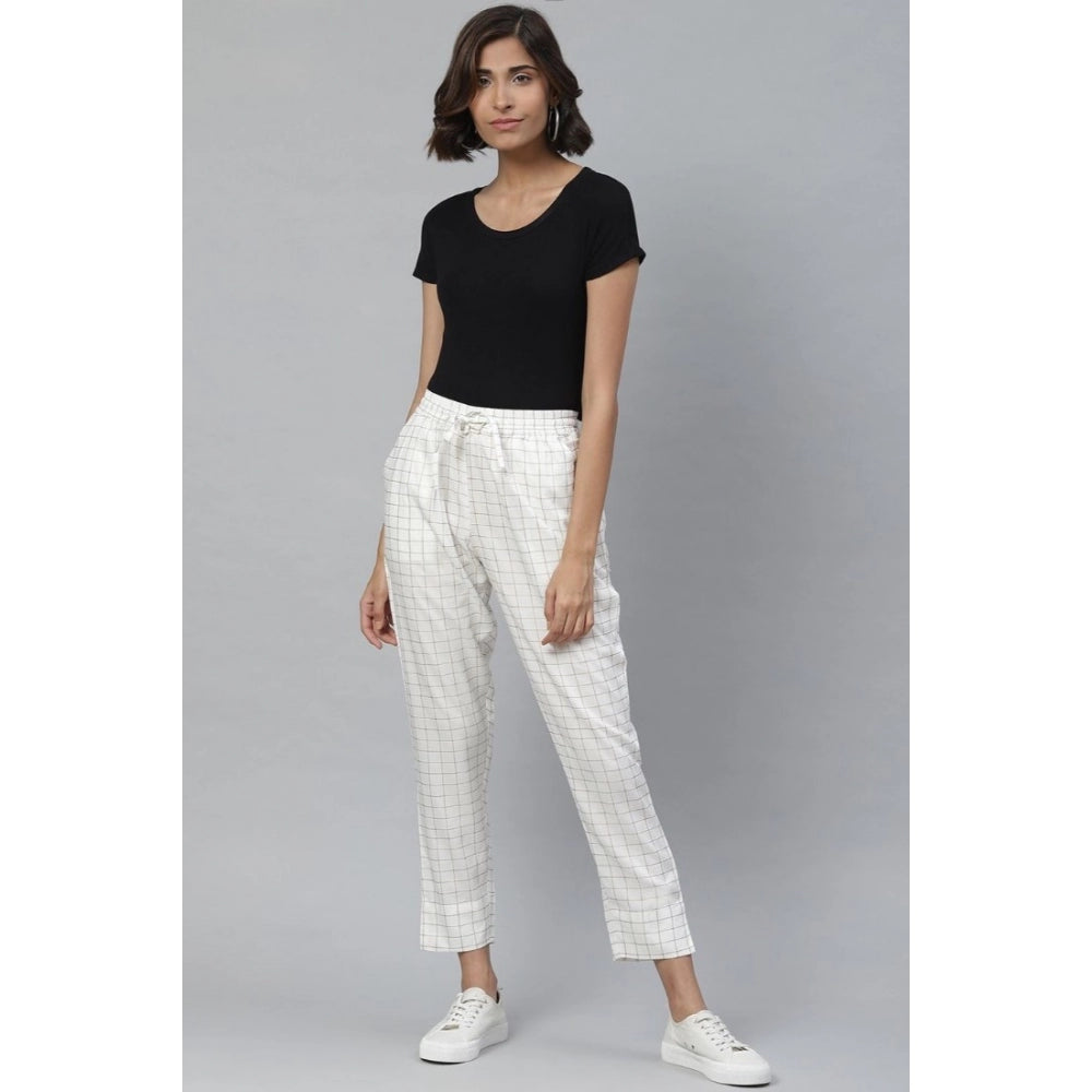 Fashion Women's Casual  Checkered Rayon Trouser Pant (White)