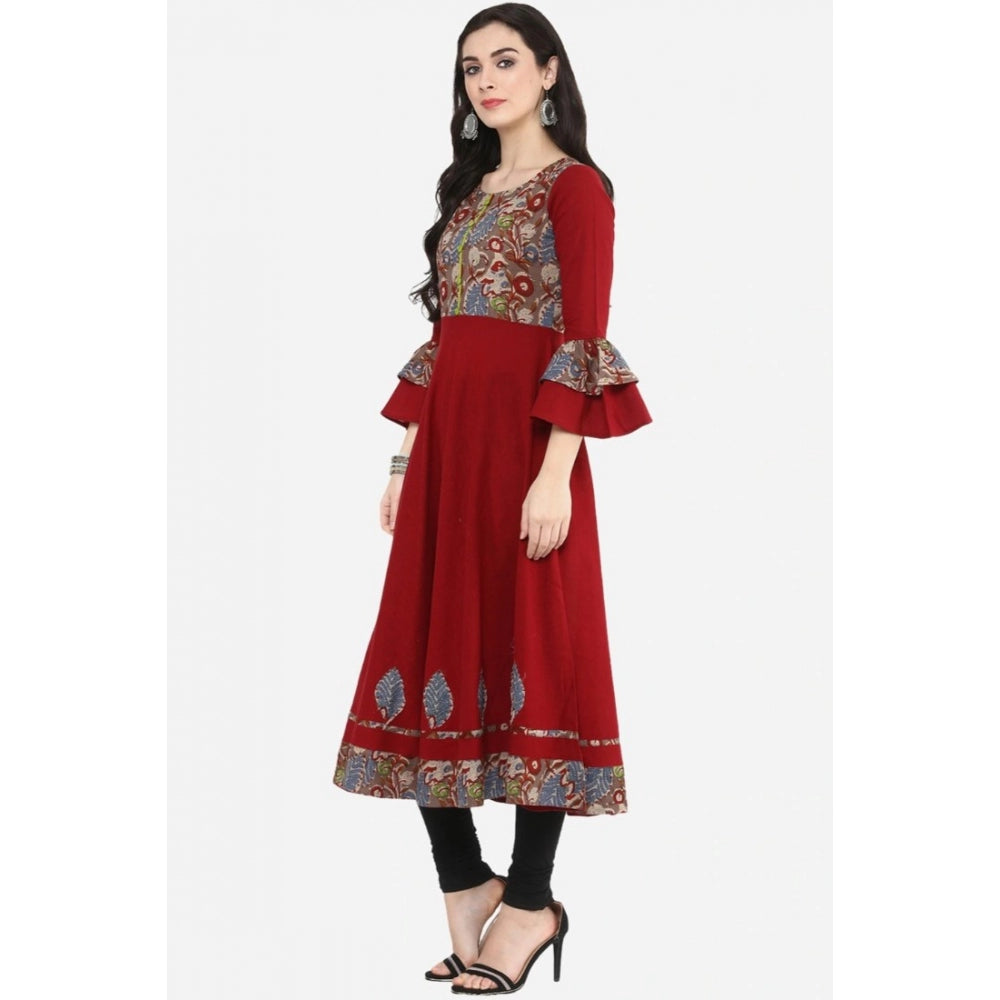 Amfyn Women's Casual Bell Sleeves Printed Cotton Kurti (Maroon)