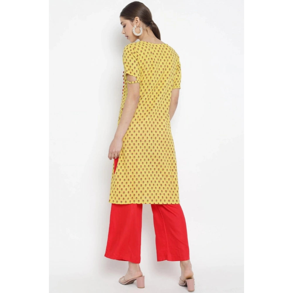 Amfyn Women's Casual Short Sleeves Floral Printed Cotton &amp; Rayon Kurti Palazzo Set (Yellow &amp; Red)