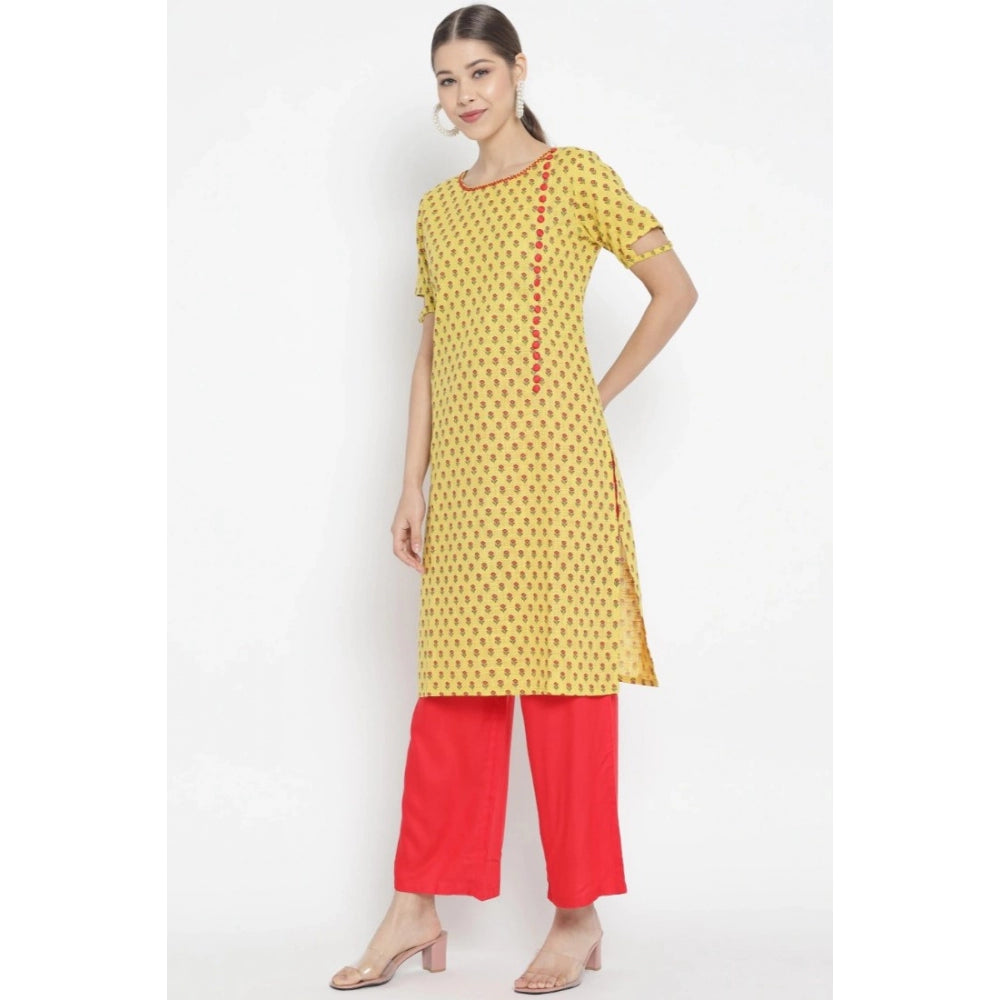 Amfyn Women's Casual Short Sleeves Floral Printed Cotton &amp; Rayon Kurti Palazzo Set (Yellow &amp; Red)