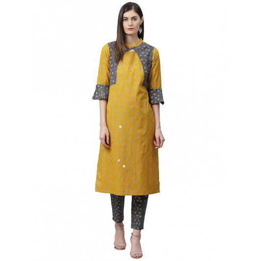 Amfyn Women's Casual Bell Sleeves Geomatrical Printed Cotton Kurti Set (Yellow)