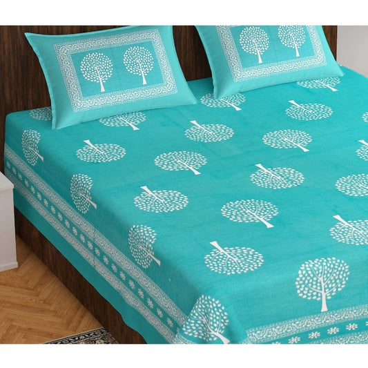 Amfyn Cotton Printed Queen Size Bedsheet With 2 Pillow Covers (Sky Blue, 90x100 Inch)