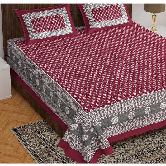 Amfyn Cotton Printed Queen Size Bedsheet With 2 Pillow Covers (Maroon, 90x100 Inch)