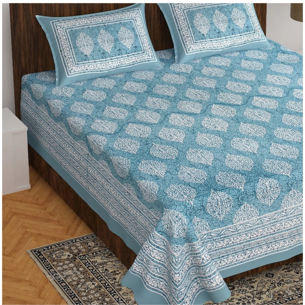 Amfyn Cotton Printed Queen Size Bedsheet With 2 Pillow Covers (Light Blue, 90x100 Inch)