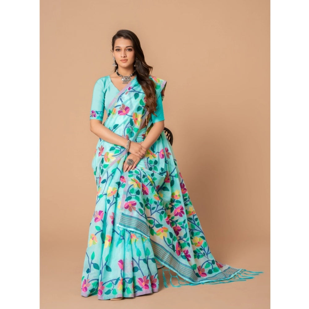 Amfyn Women's Cotton Printed Saree With Unstitched Blouse (Sky Blue, 5-6 Mtrs)