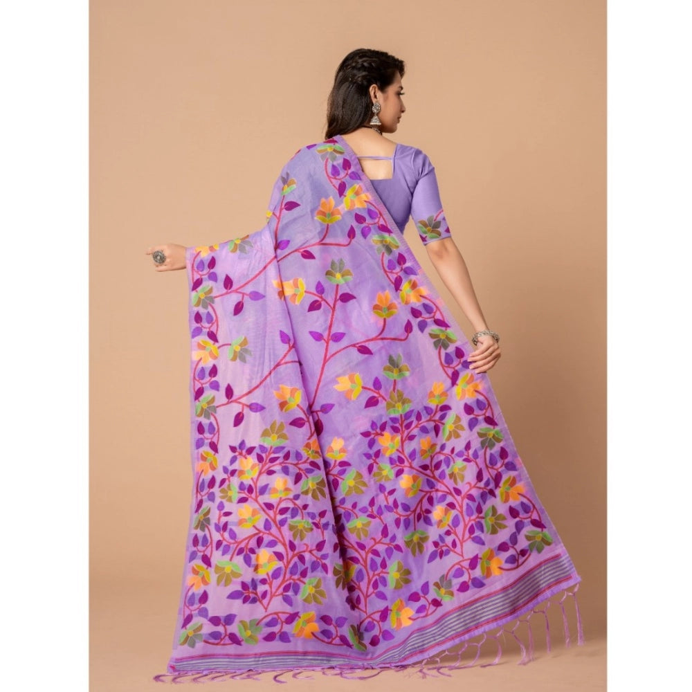 Amfyn Women's Cotton Printed Saree With Unstitched Blouse (Lavender, 5-6 Mtrs)