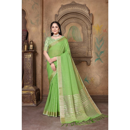 Amfyn Women's Soft Linen Striped Saree With Unstitched Blouse (Green, 5-6 Mtrs)