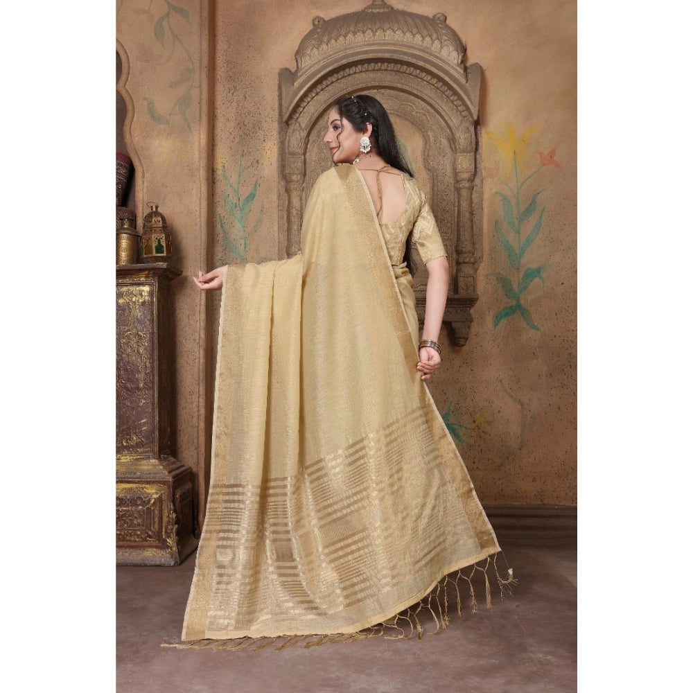 Amfyn Women's Soft Linen Striped Saree With Unstitched Blouse (Beige, 5-6 Mtrs)