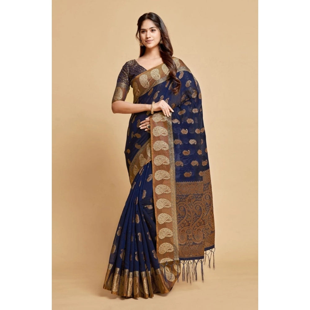 Amfyn Women's Chanderi Cotton Printed Saree With Unstitched Blouse (Navy Blue, 5-6 Mtrs)