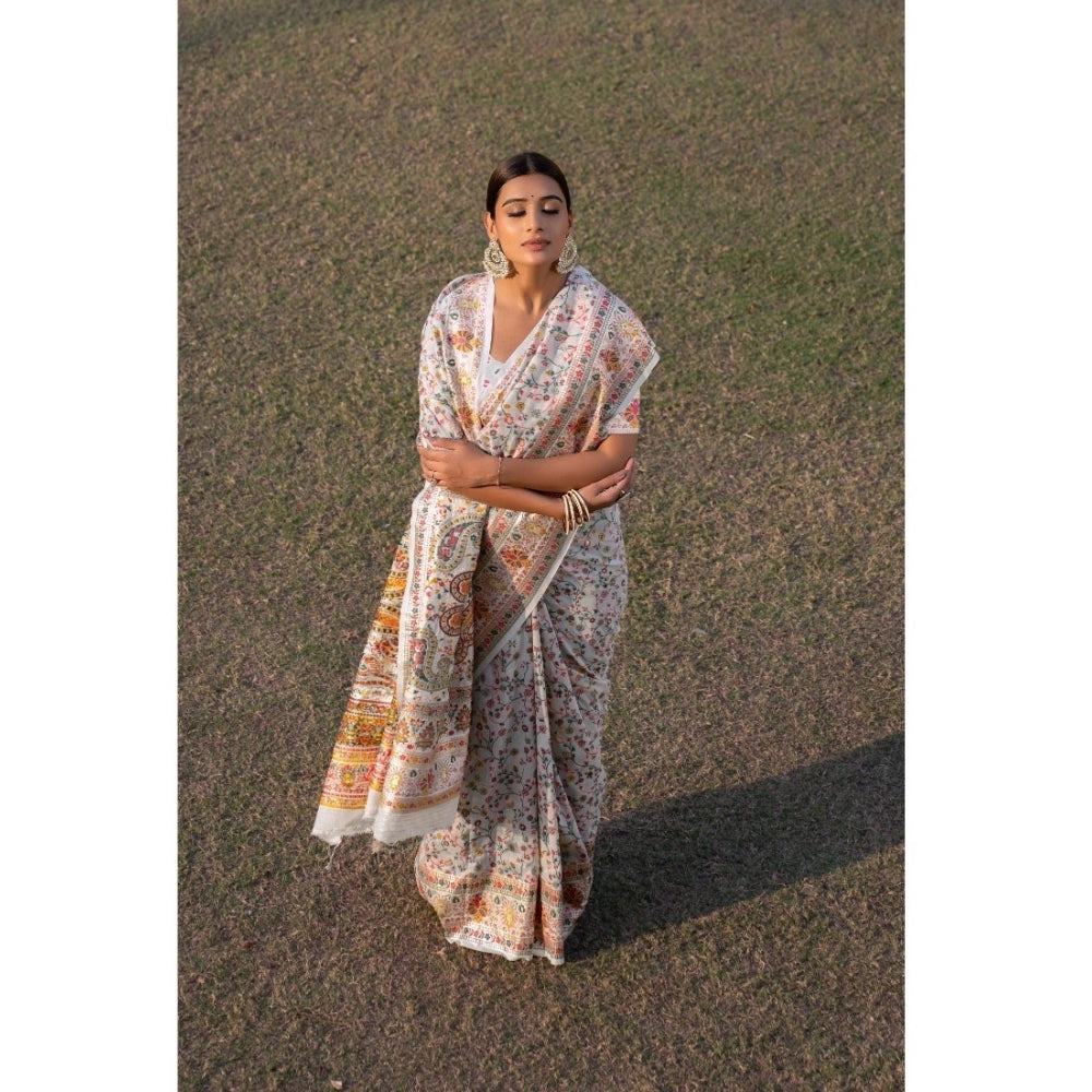 Amfyn Women's Linen Printed Saree With Unstitched Blouse (White, 5-6 Mtrs)