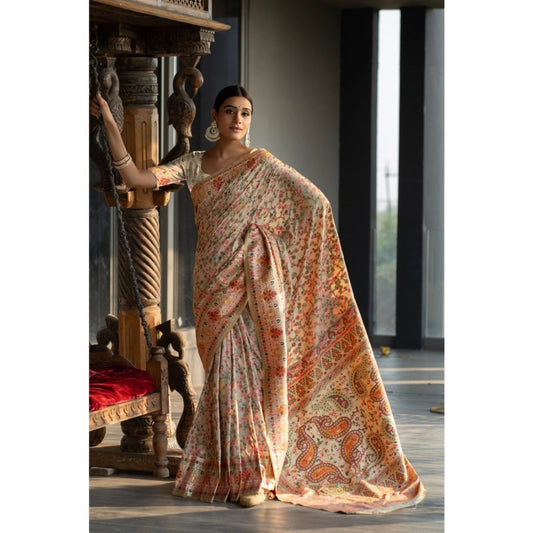 Amfyn Women's Linen Printed Saree With Unstitched Blouse (Beige, 5-6 Mtrs)