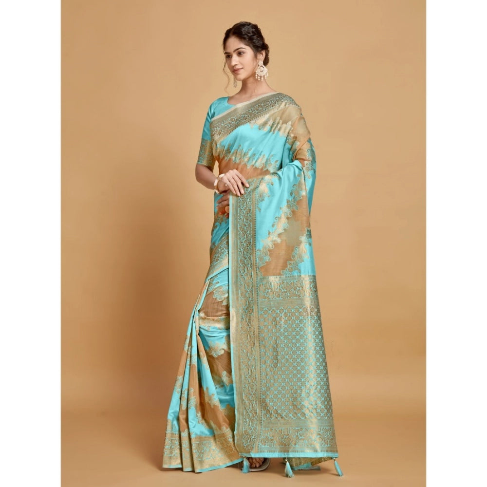 Amfyn Women's Linen Printed Saree With Unstitched Blouse (Sky Blue, 5-6 Mtrs)