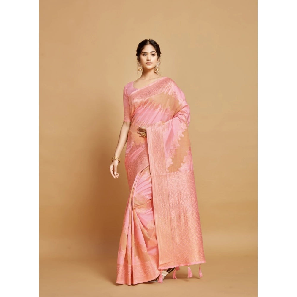 Amfyn Women's Linen Printed Saree With Unstitched Blouse (Pink, 5-6 Mtrs)