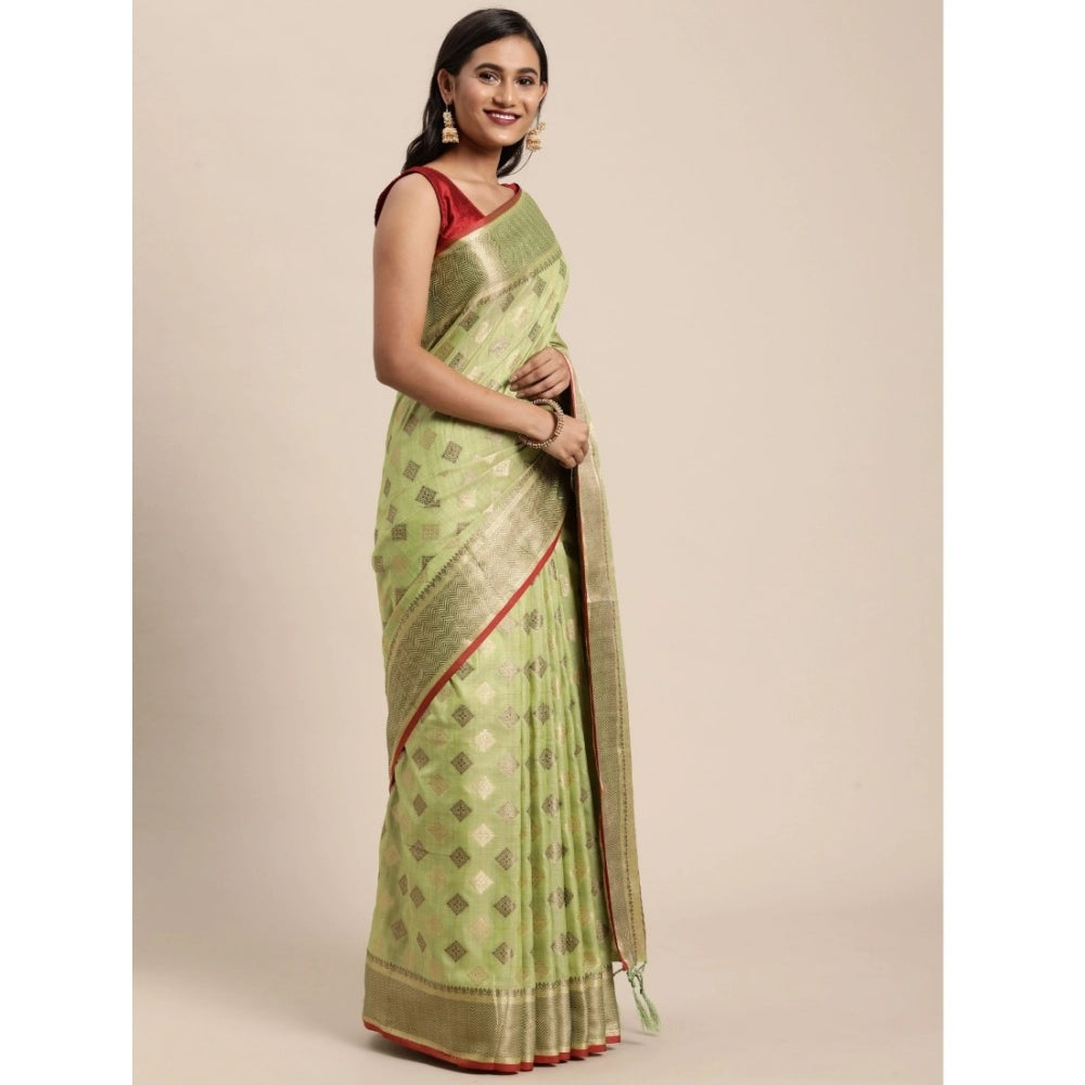 Amfyn Women's Chanderi Cotton Printed Saree With Unstitched Blouse (Pista, 5-6 Mtrs)