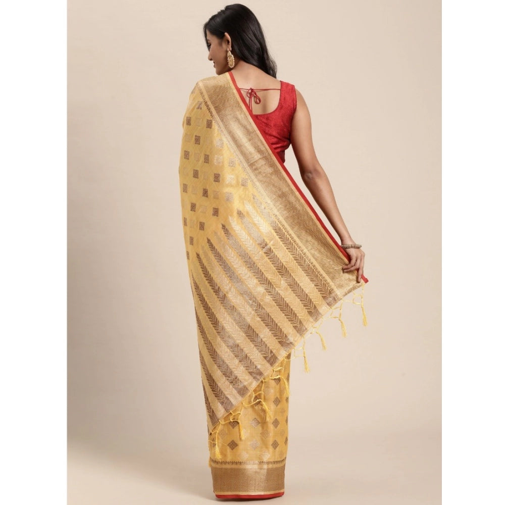 Amfyn Women's Chanderi Cotton Printed Saree With Unstitched Blouse (Yellow, 5-6 Mtrs)