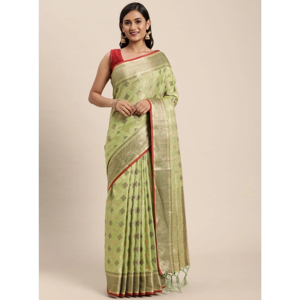 Amfyn Women's Chanderi Cotton Printed Saree With Unstitched Blouse (Pista, 5-6 Mtrs)