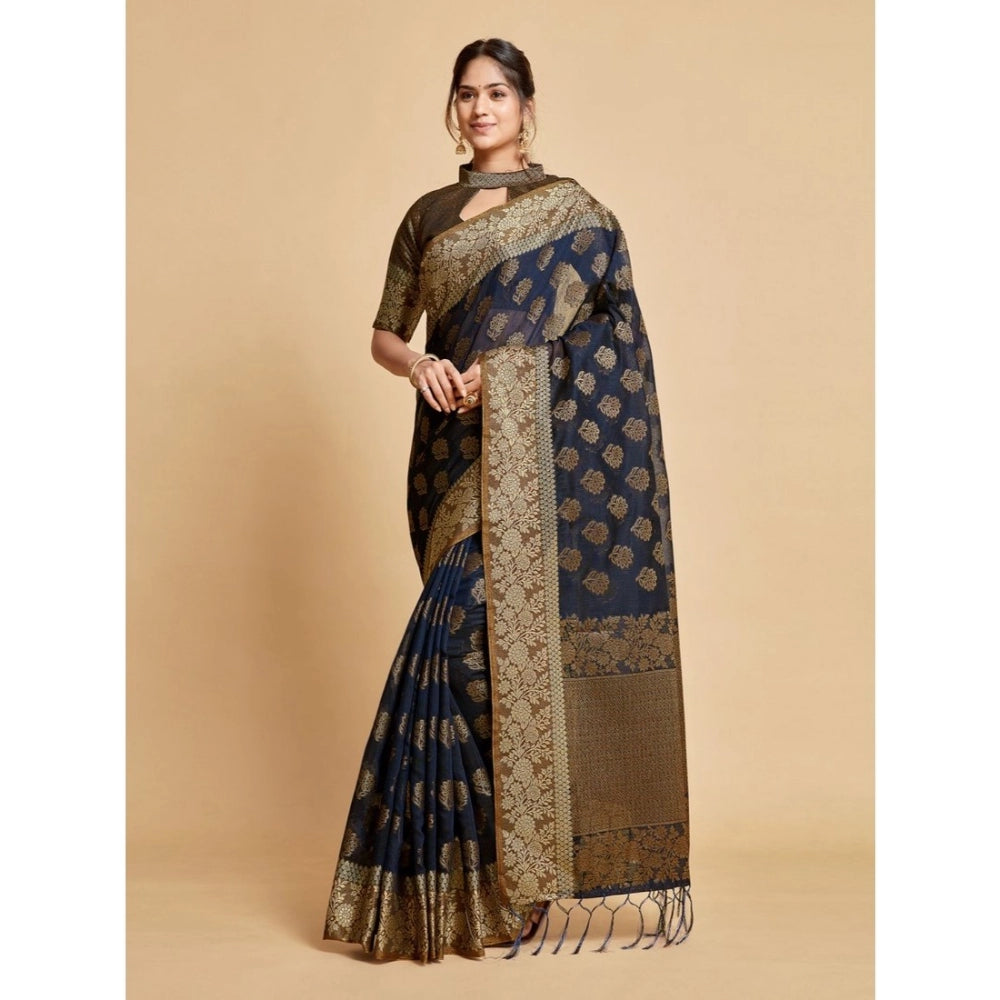 Amfyn Women's Chanderi Cotton Printed Saree With Unstitched Blouse (Navy, 5-6 Mtrs)