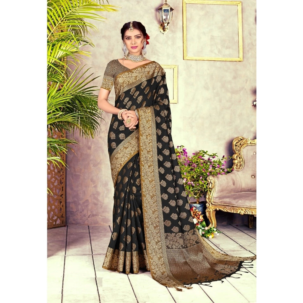 Amfyn Women's Chanderi Cotton Printed Saree With Unstitched Blouse (Black, 5-6 Mtrs)