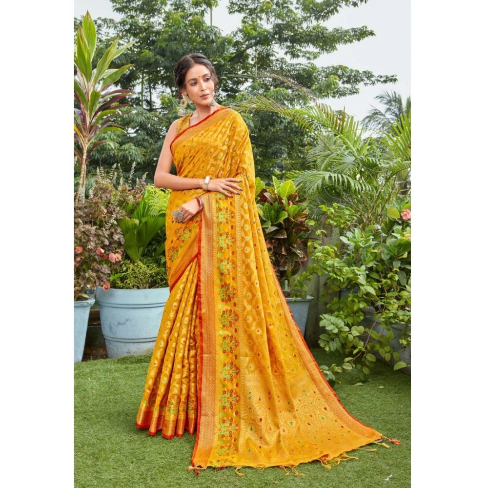 Amfyn Women's Organza Printed Saree With Unstitched Blouse (Mustard, 5-6 Mtrs)