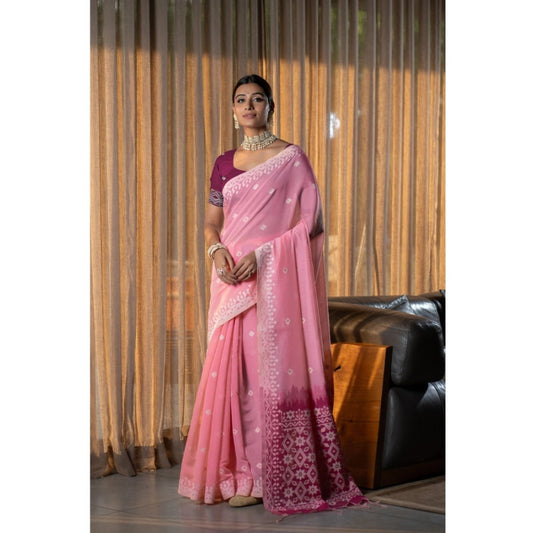 Amfyn Women's Mulmul Cotton Printed Saree With Unstitched Blouse (Pink, 5-6 Mtrs)