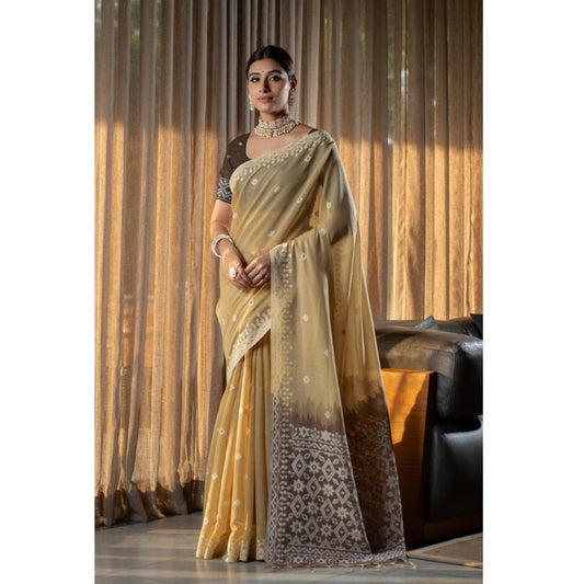 Amfyn Women's Mulmul Cotton Printed Saree With Unstitched Blouse (Beige, 5-6 Mtrs)