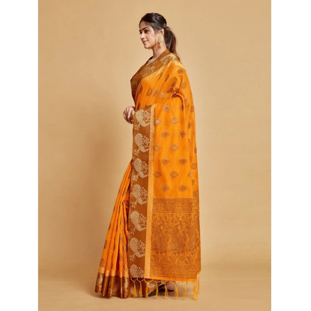 Amfyn Women's Organza Printed Saree With Unstitched Blouse (Mustard, 5-6 Mtrs)