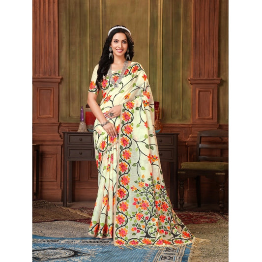 Amfyn Women's Organza Printed Saree With Unstitched Blouse (White, 5-6 Mtrs)