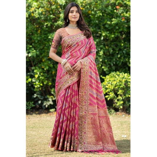 Amfyn Women's Organza Printed Saree With Unstitched Blouse (Pink, 5-6 Mtrs)