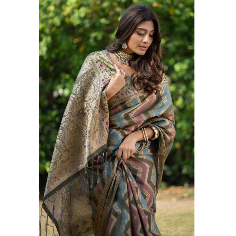 Amfyn Women's Organza Printed Saree With Unstitched Blouse (Grey, 5-6 Mtrs)