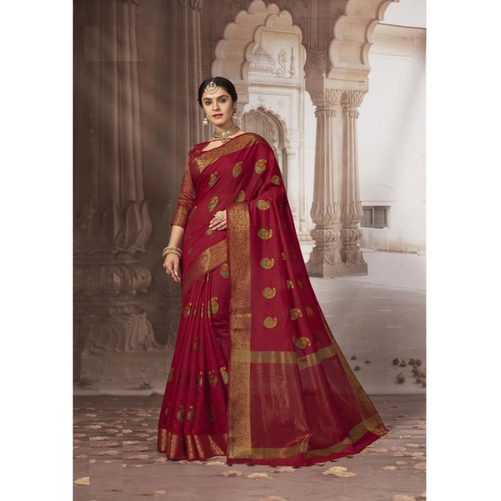 Amfyn Women's Chanderi Cotton Printed Saree With Unstitched Blouse (Red, 5-6 Mtrs)