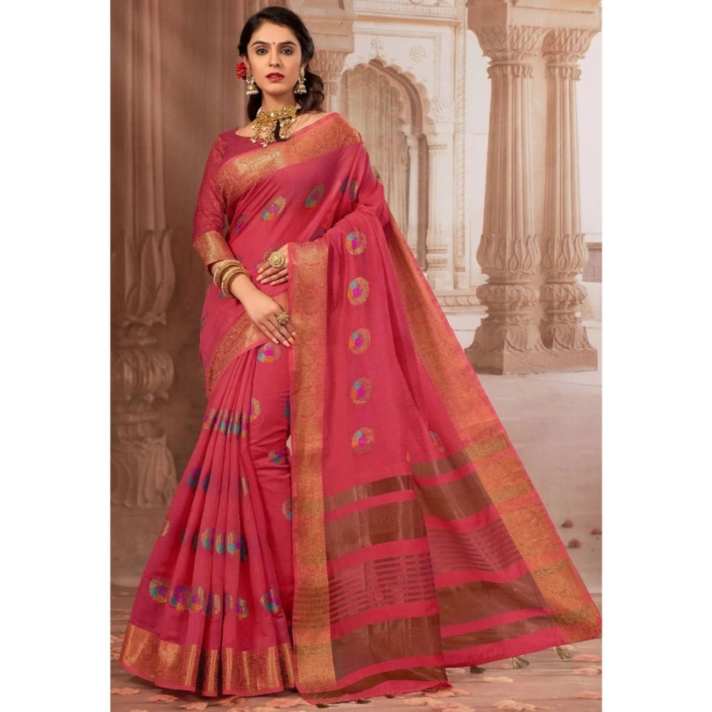 Amfyn Women's Chanderi Cotton Printed Saree With Unstitched Blouse (Pink, 5-6 Mtrs)