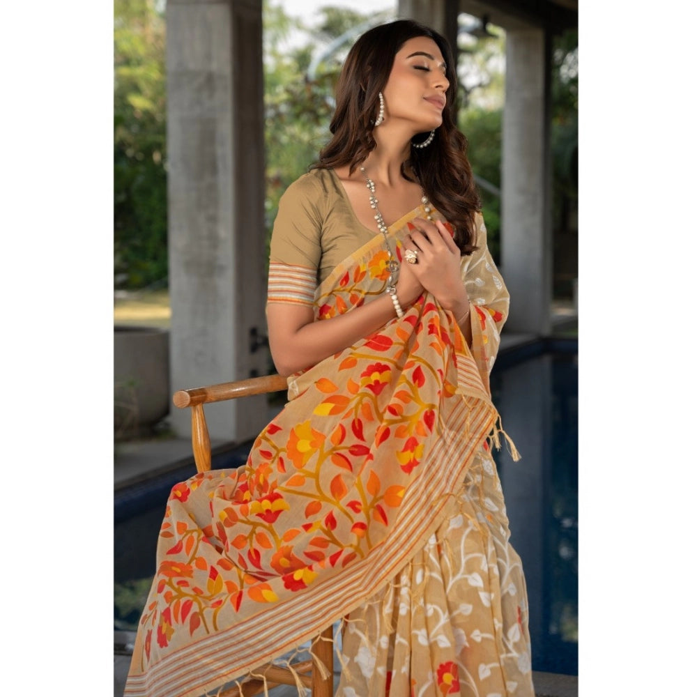 Amfyn Women's Cotton Printed Saree With Unstitched Blouse (Beige, 5-6 Mtrs)