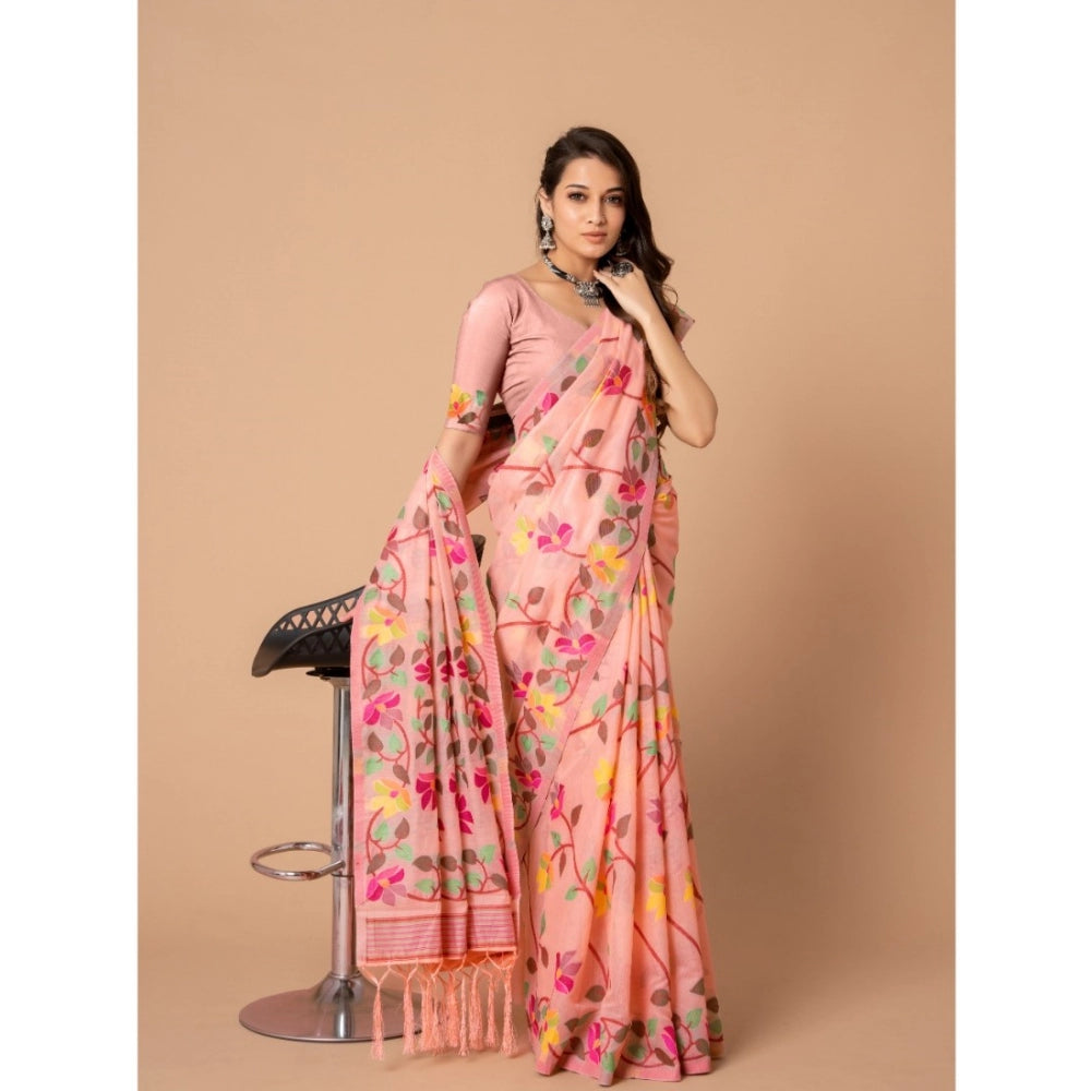 Amfyn Women's Cotton Printed Saree With Unstitched Blouse (Pink, 5-6 Mtrs)