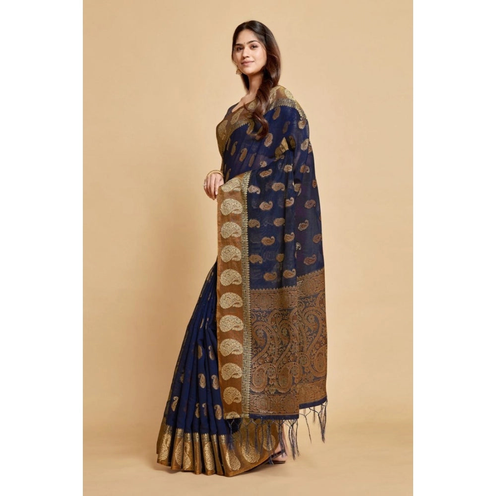 Amfyn Women's Chanderi Cotton Printed Saree With Unstitched Blouse (Navy Blue, 5-6 Mtrs)