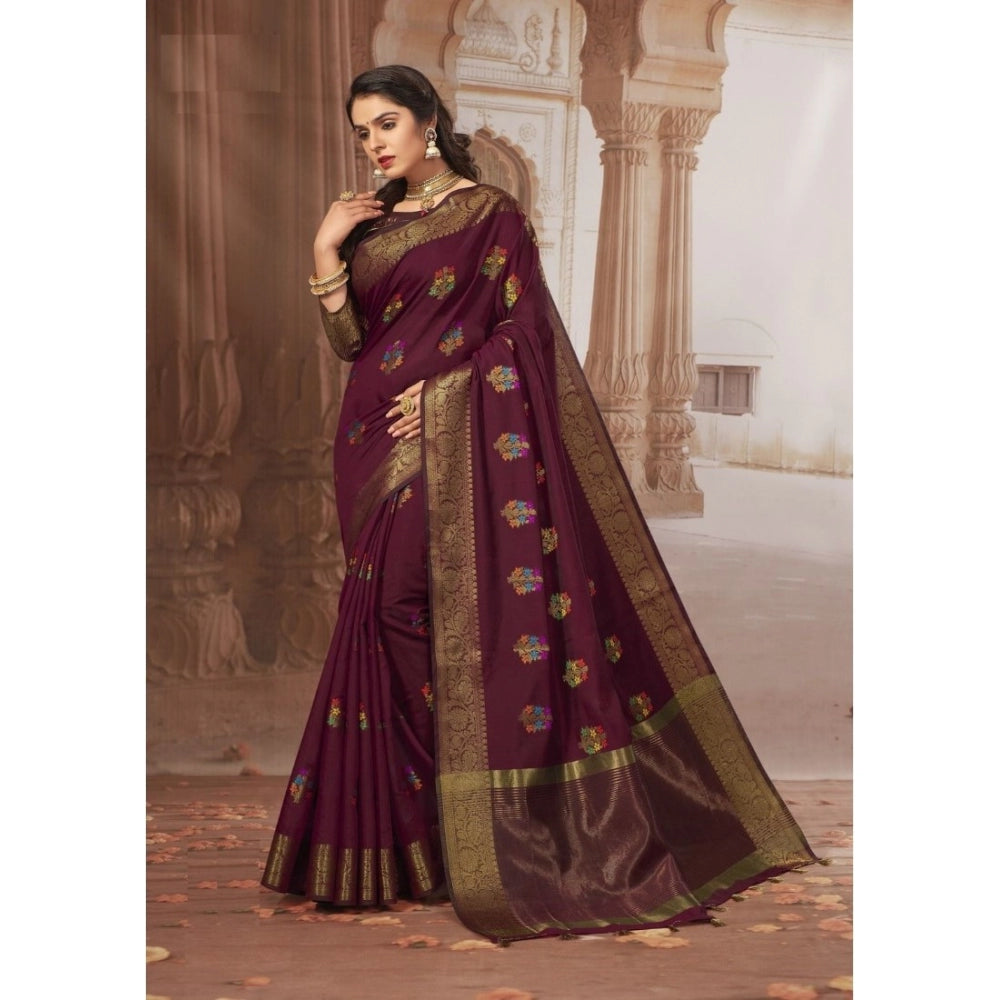 Amfyn Women's Chanderi Cotton Printed Saree With Unstitched Blouse (Maroon, 5-6 Mtrs)