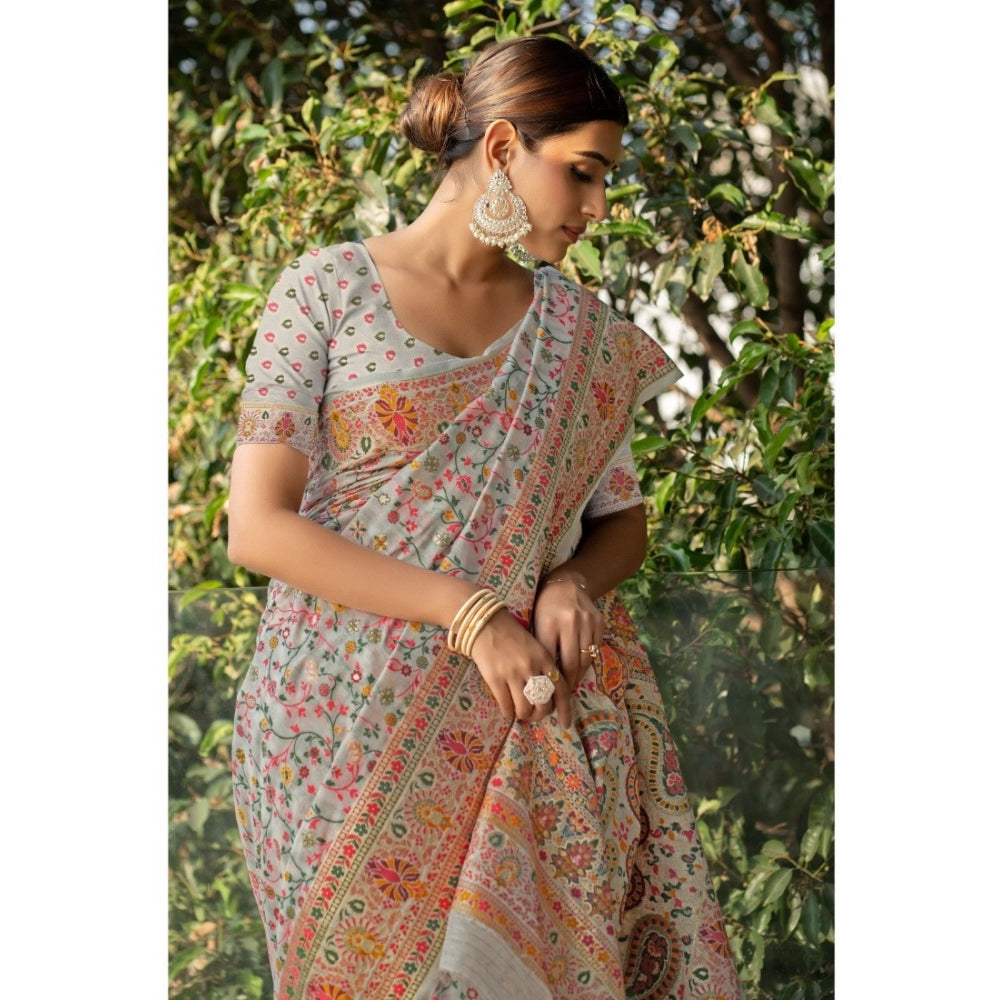 Amfyn Women's Linen Printed Saree With Unstitched Blouse (Off-White, 5-6 Mtrs)