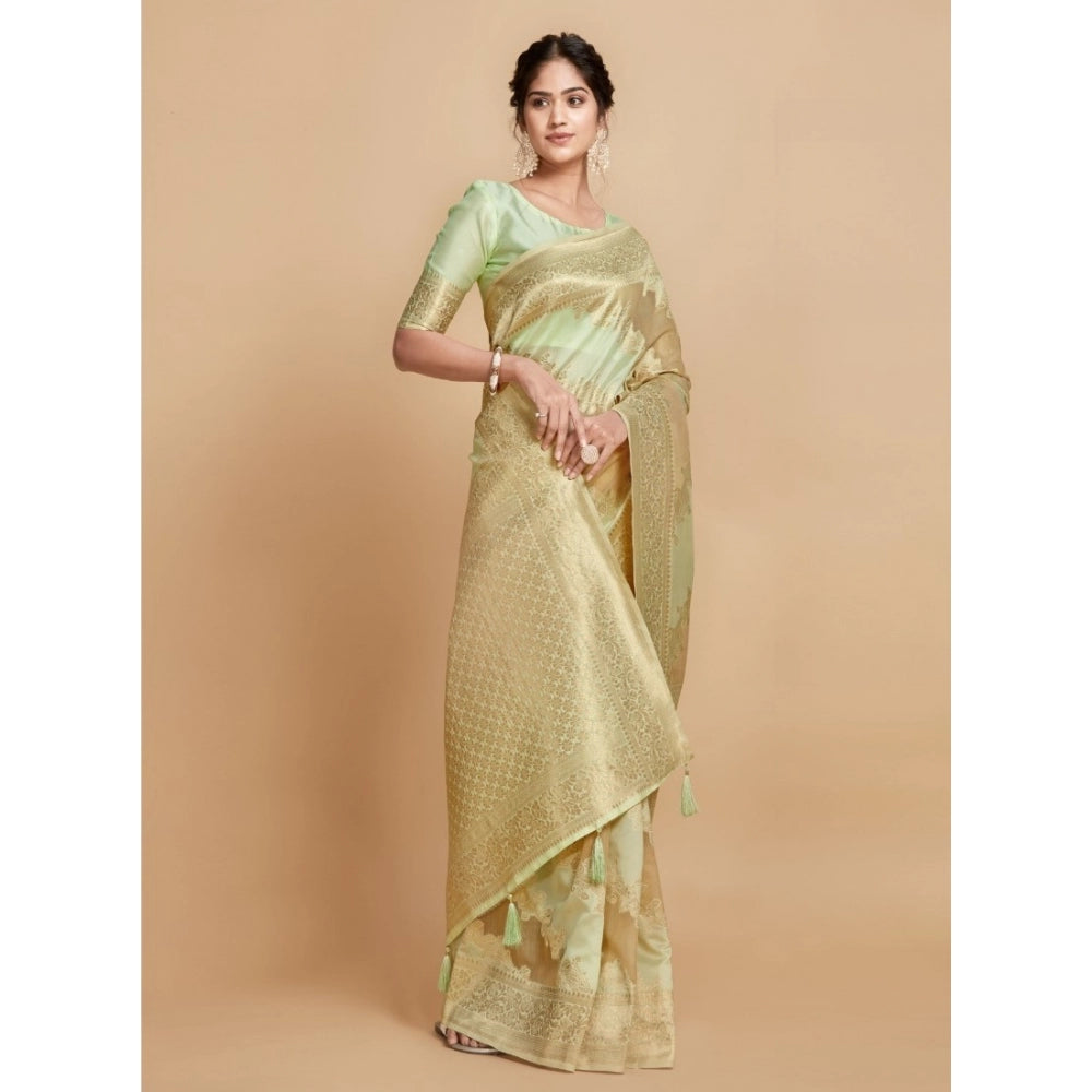 Amfyn Women's Linen Printed Saree With Unstitched Blouse (Pista, 5-6 Mtrs)