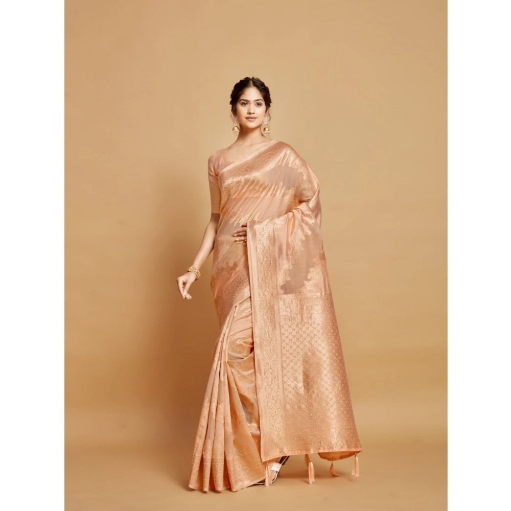 Amfyn Women's Linen Printed Saree With Unstitched Blouse (Peach, 5-6 Mtrs)