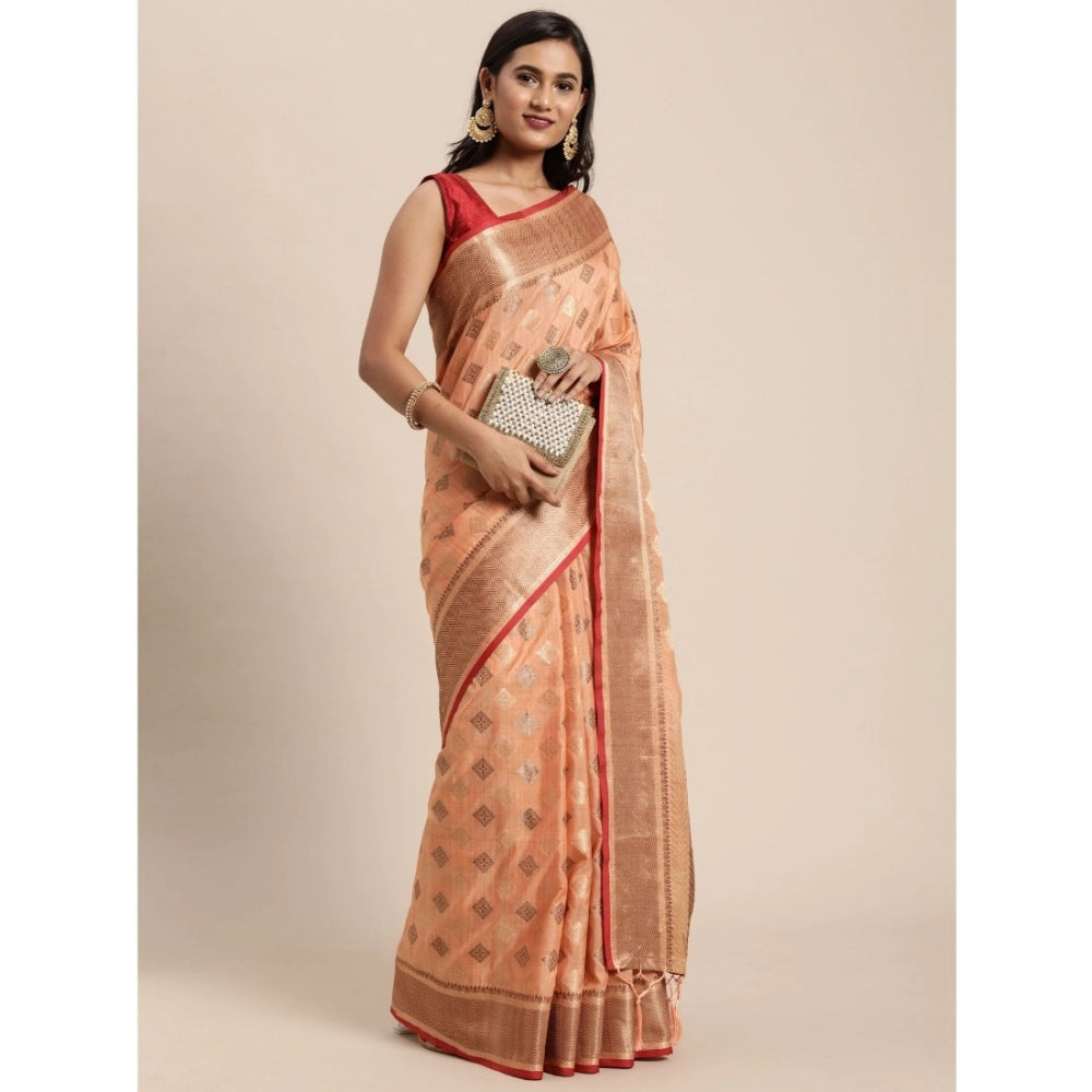 Amfyn Women's Chanderi Cotton Printed Saree With Unstitched Blouse (Orange, 5-6 Mtrs)