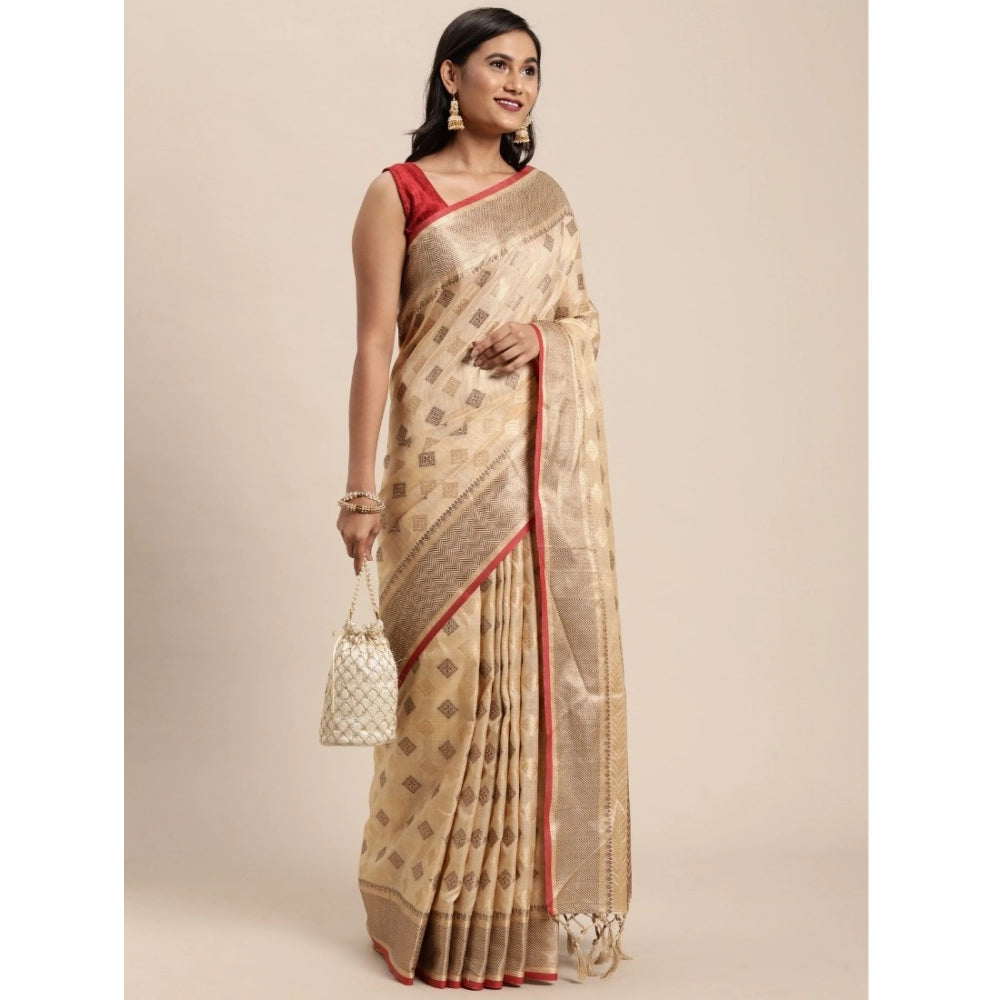 Amfyn Women's Chanderi Cotton Printed Saree With Unstitched Blouse (Beige, 5-6 Mtrs)