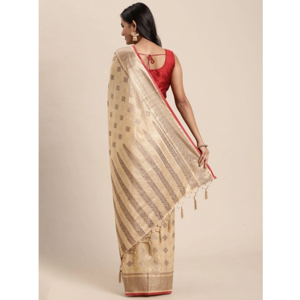 Amfyn Women's Chanderi Cotton Printed Saree With Unstitched Blouse (Beige, 5-6 Mtrs)