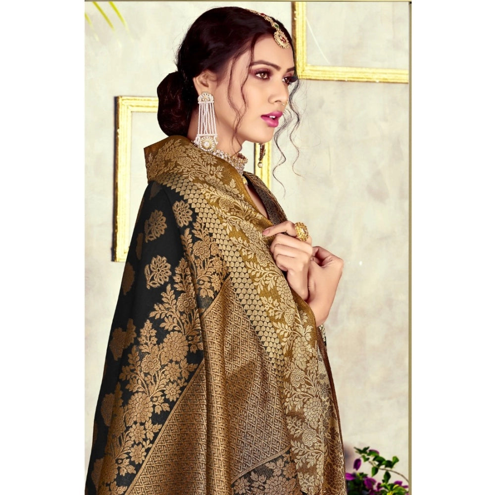 Amfyn Women's Chanderi Cotton Printed Saree With Unstitched Blouse (Black, 5-6 Mtrs)