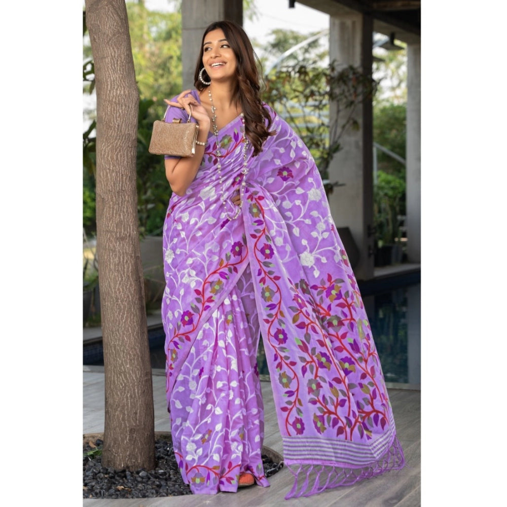 Amfyn Women's Cotton Printed Saree With Unstitched Blouse (Lavender, 5-6 Mtrs)