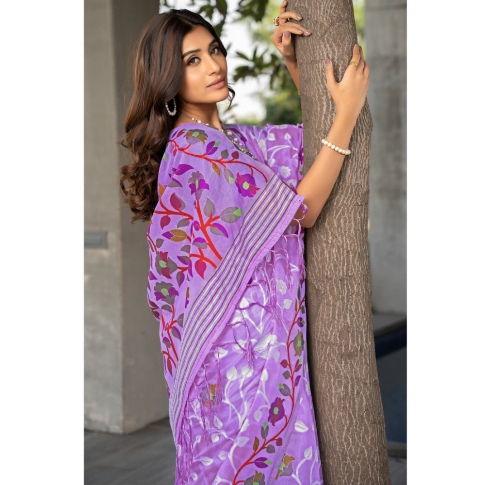 Amfyn Women's Cotton Printed Saree With Unstitched Blouse (Lavender, 5-6 Mtrs)