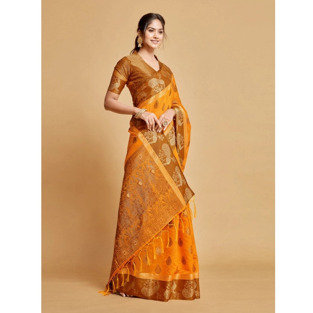 Amfyn Women's Organza Printed Saree With Unstitched Blouse (Mustard, 5-6 Mtrs)